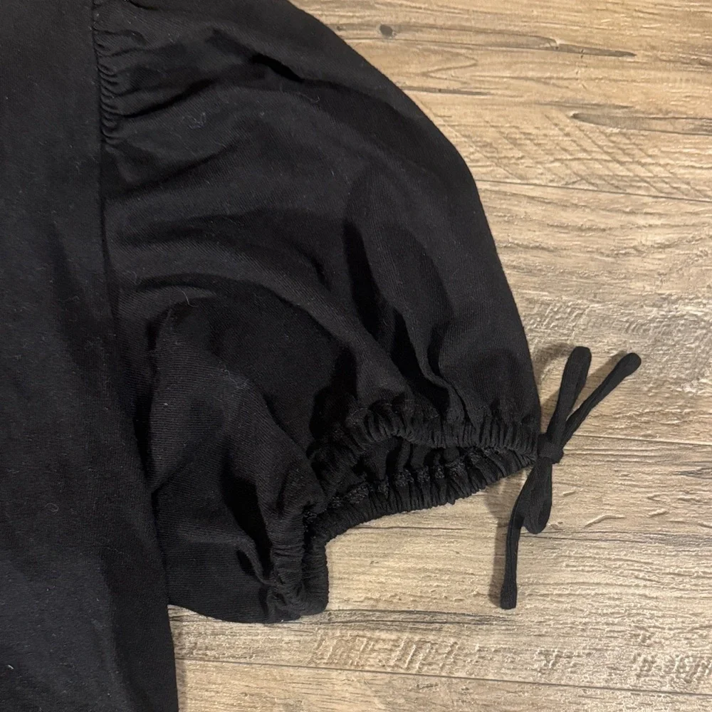 Free People 100% Cotton Black Puff Sleeve Front Tri-Tie Closure Top - Size M